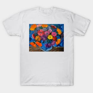 A beautiful bouquet flowers in a glass and gold vase . Using my favorite colors as vibrant background Using Acrylic and metallic paints. T-Shirt